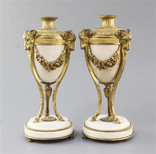 A pair of ormolu mounted white marble cassolets, height 11in.